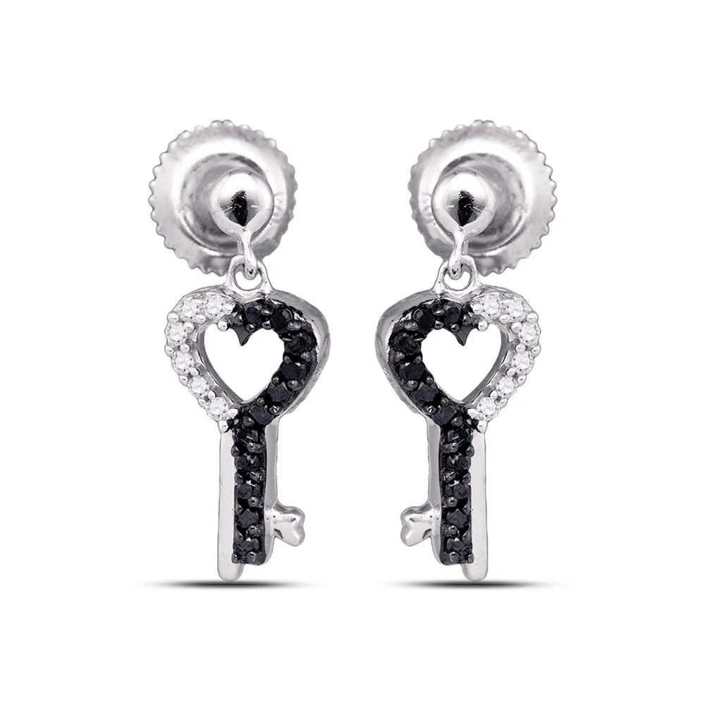 10kt White Gold Womens Round Black Color Enhanced Diamond Key Heart Dangle Earrings 1/6 Cttw