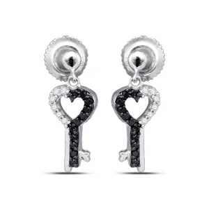 10kt White Gold Womens Round Black Color Enhanced Diamond Key Heart Dangle Earrings 1/6 Cttw