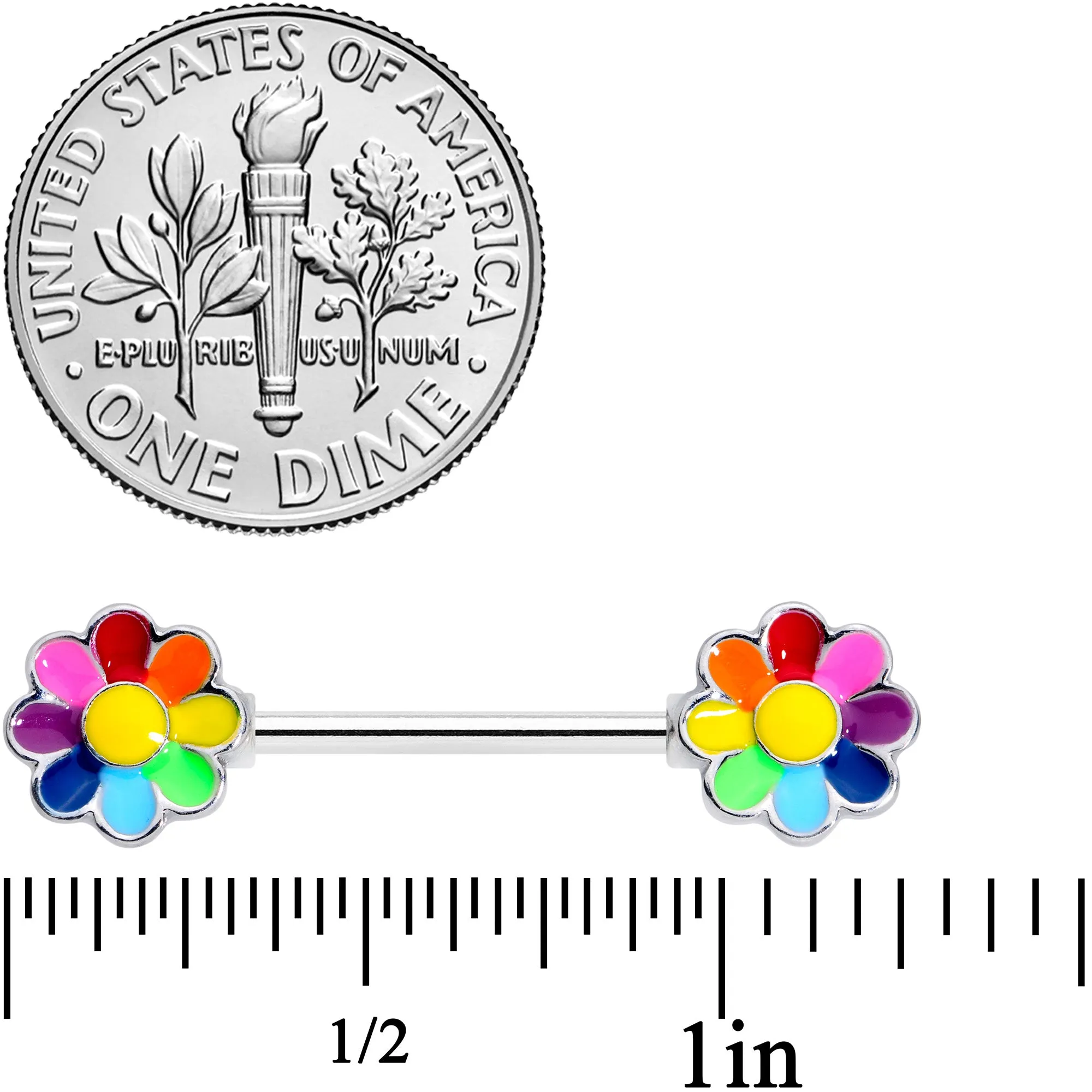 14 Gauge 5/8 Rainbow Hippie Flower Barbell Nipple Ring Set