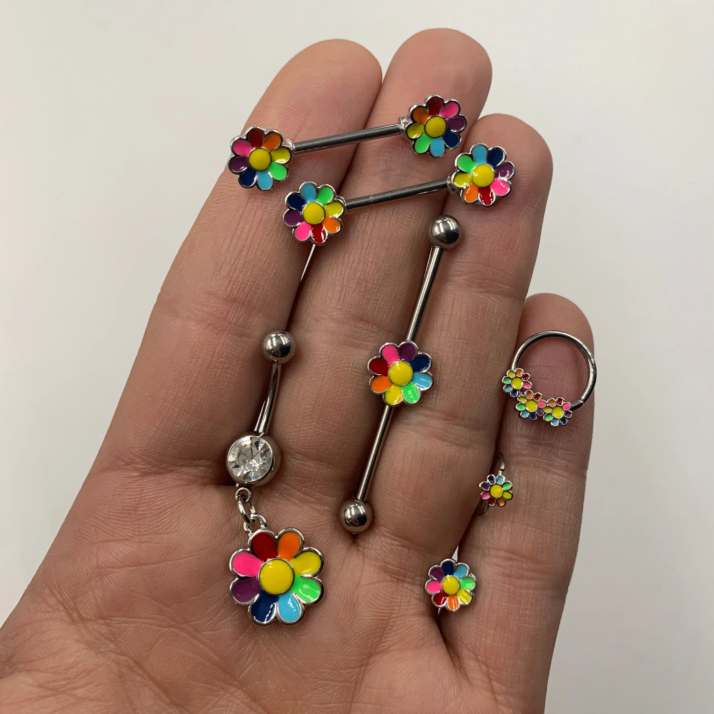 14 Gauge 5/8 Rainbow Hippie Flower Barbell Nipple Ring Set