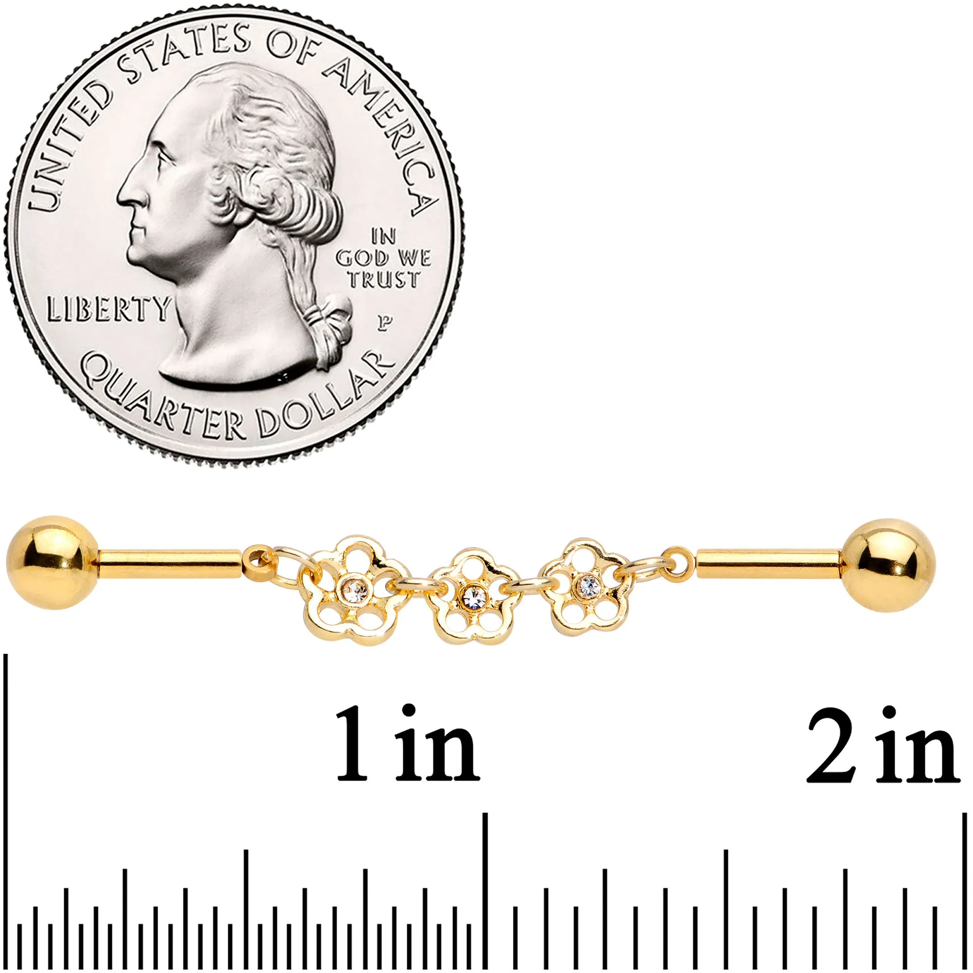 14 Gauge Clear Gem Gold Tone Flower Double Industrial Barbell 40mm