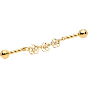 14 Gauge Clear Gem Gold Tone Flower Double Industrial Barbell 40mm