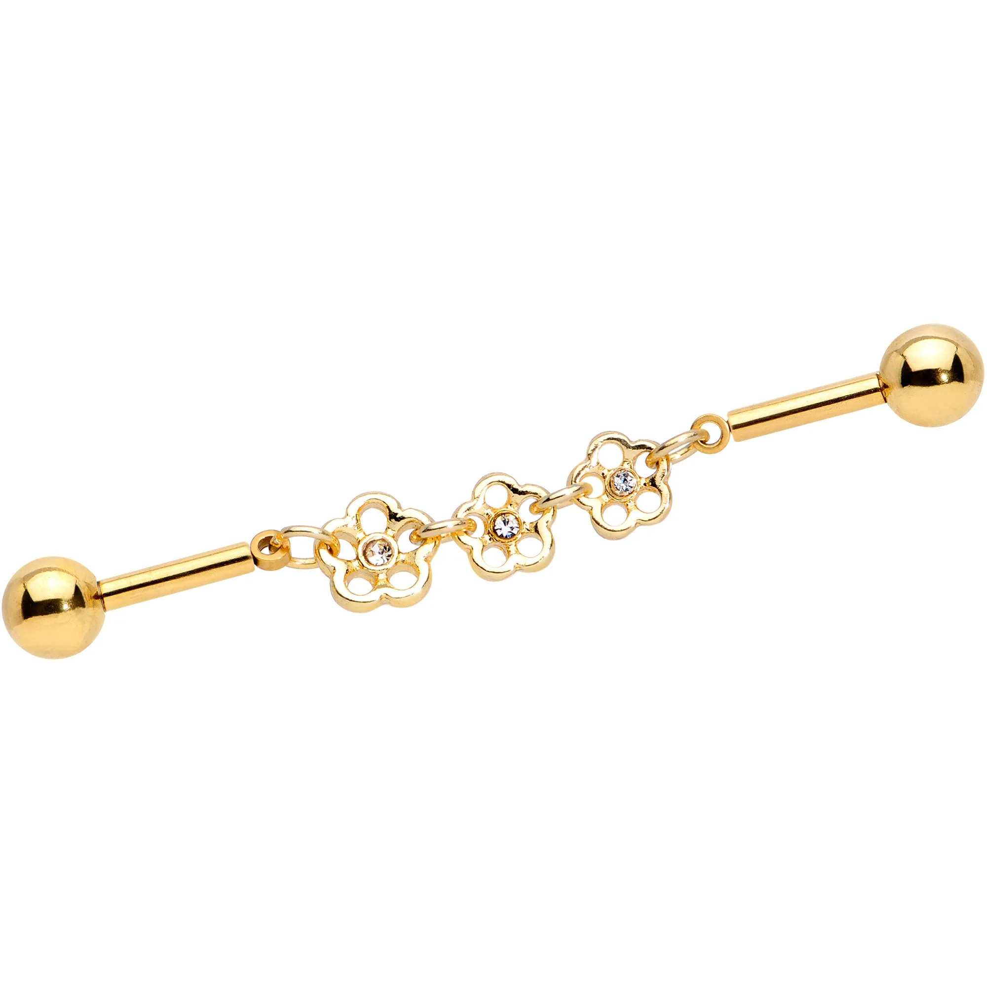 14 Gauge Clear Gem Gold Tone Flower Double Industrial Barbell 40mm