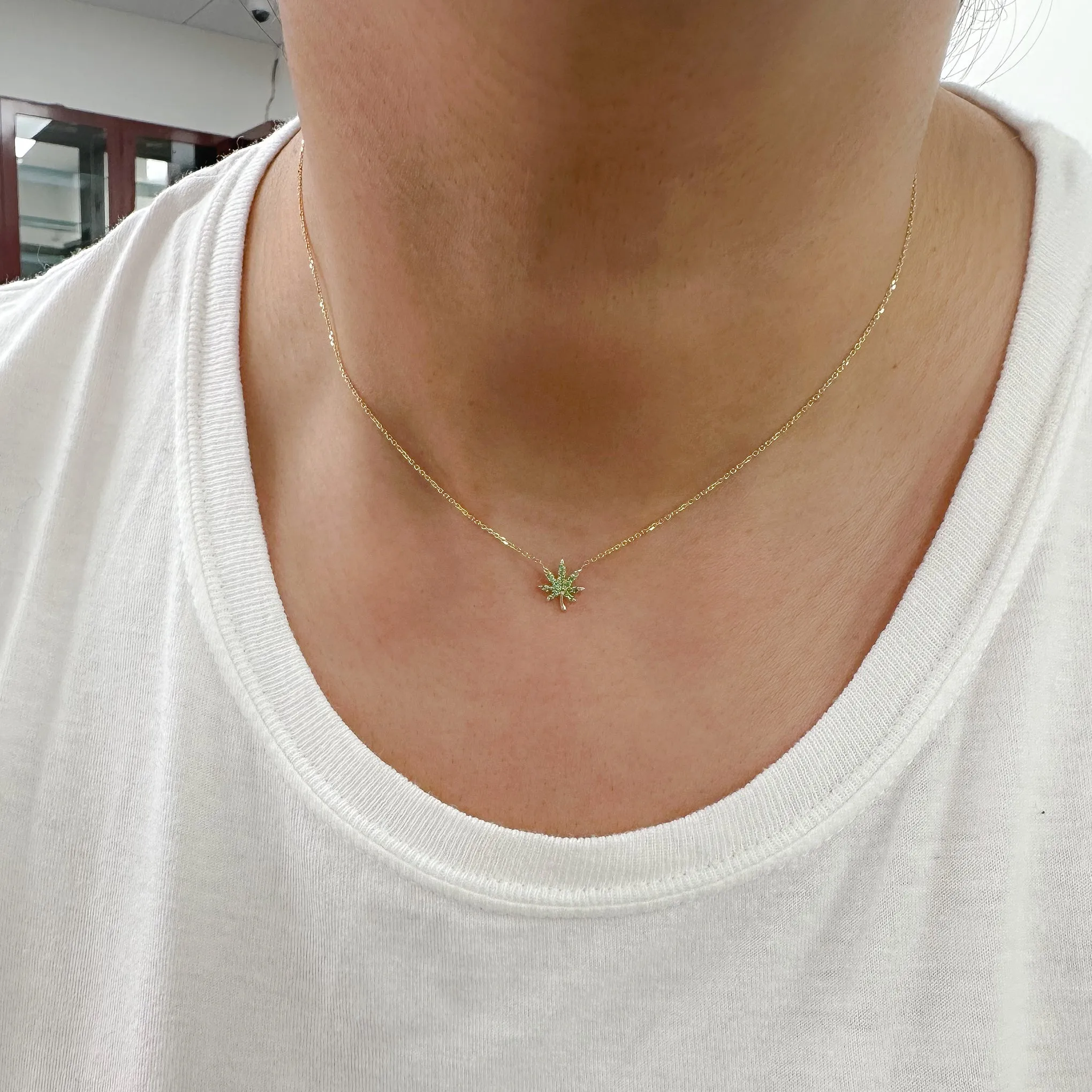 14K Gold Emerald Marijuana Leaf Necklace