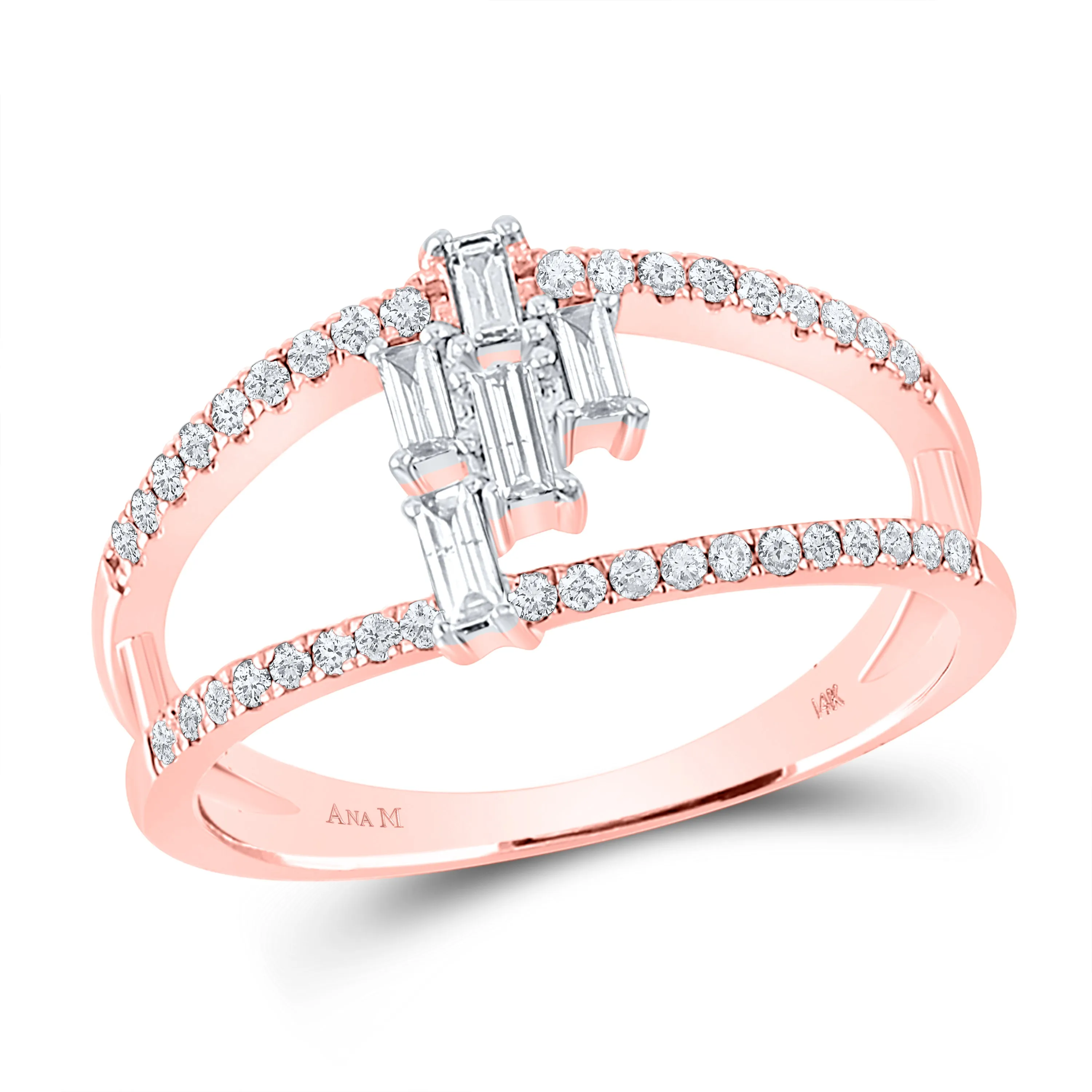 14kt Rose Gold Womens Baguette Diamond Modern Fashion Ring 1/3 Cttw