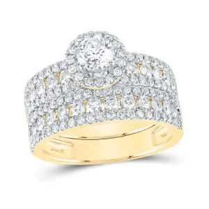 14kt Yellow Gold His Hers Round Diamond Halo Matching Bridal Wedding Ring Band Set 3.00 Cttw (Certified)