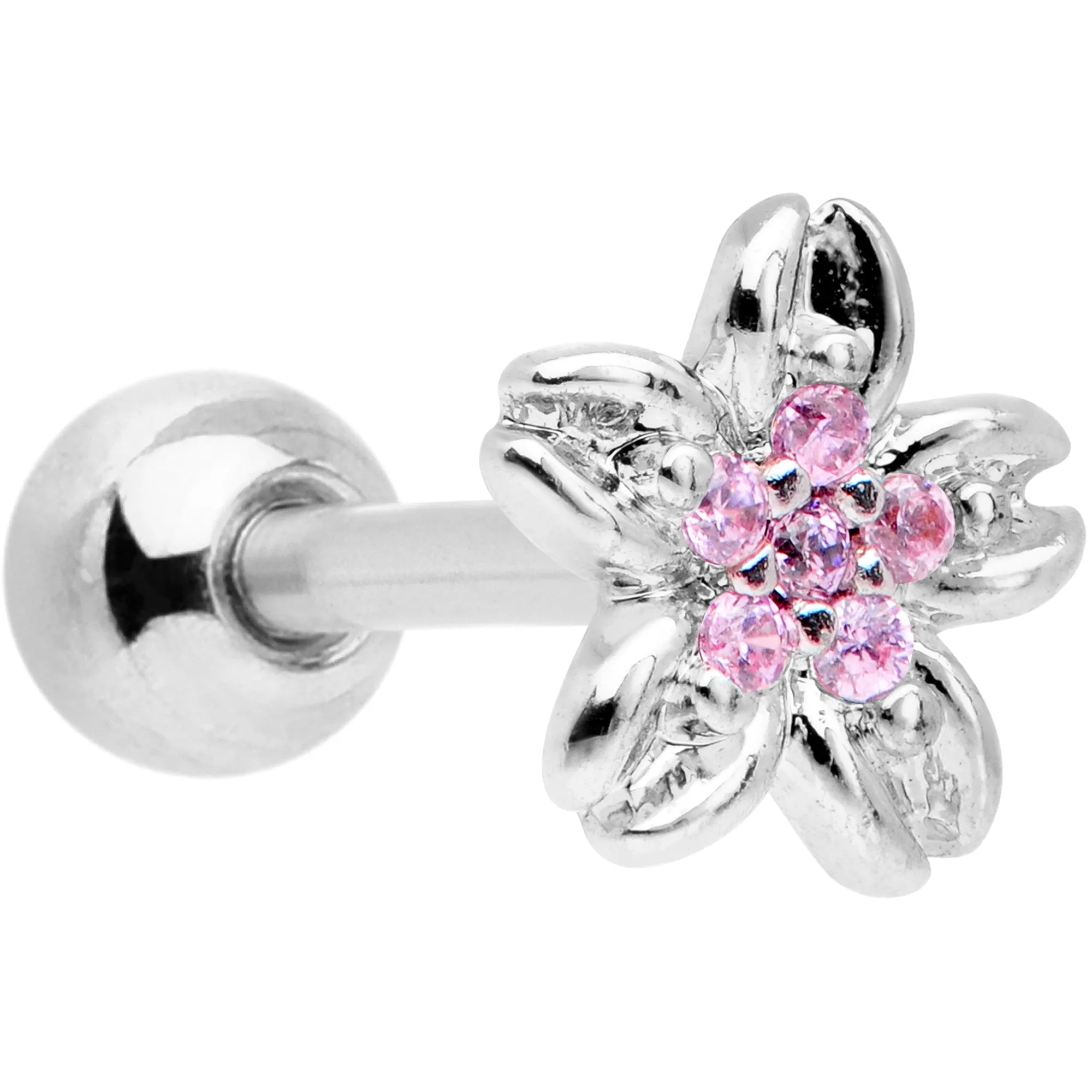 16 Gauge 1/4 Pink Gem Center Flower Cartilage Tragus Earring