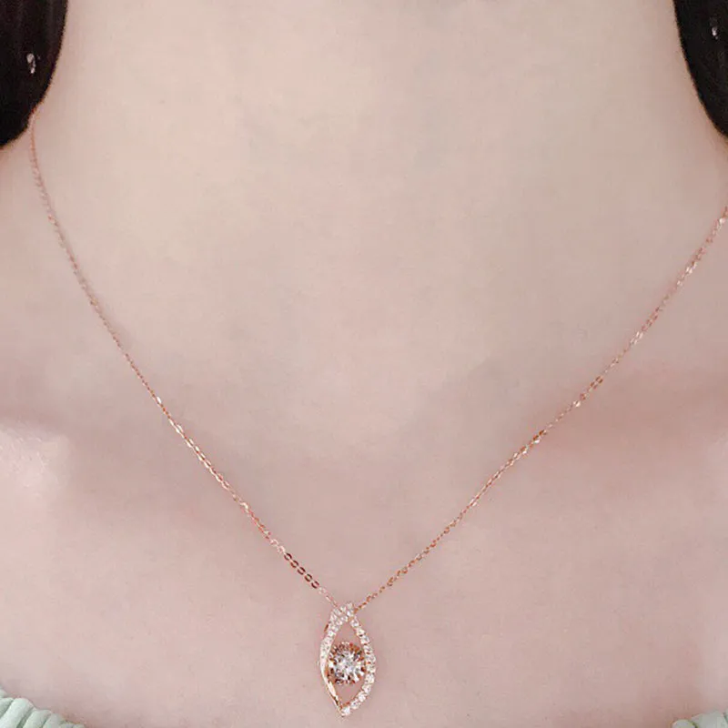 18K Gold 0.15ct Real Diamond Leaf Shape Dancing Pendant Necklace