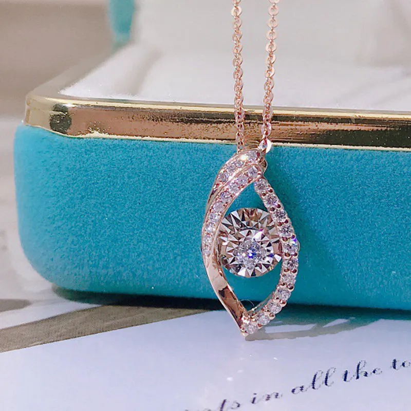 18K Gold 0.15ct Real Diamond Leaf Shape Dancing Pendant Necklace