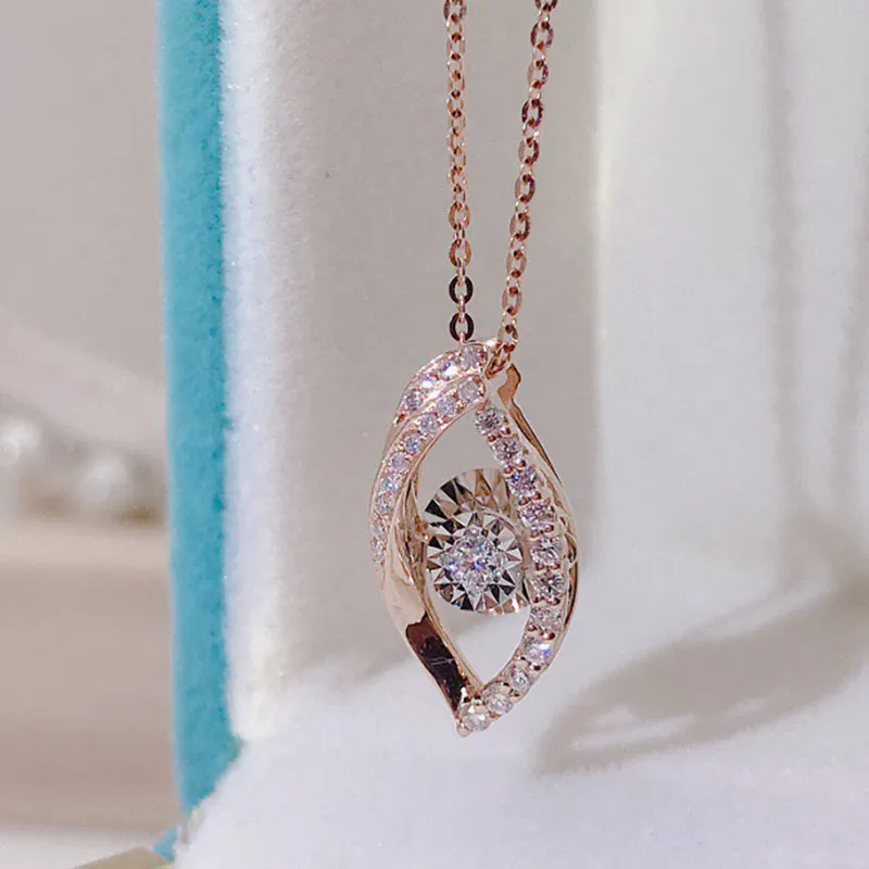 18K Gold 0.15ct Real Diamond Leaf Shape Dancing Pendant Necklace