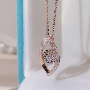 18K Gold 0.15ct Real Diamond Leaf Shape Dancing Pendant Necklace
