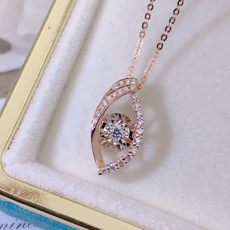 18K Gold 0.15ct Real Diamond Leaf Shape Dancing Pendant Necklace