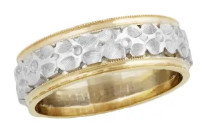 1940's Vintage Pansy Flower Wedding Ring in 14 Karat Two Tone White and Yellow Gold