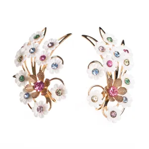1950s Vintage Emmons White Flower Colorful  Pastel Rhinestone Statement Earrings