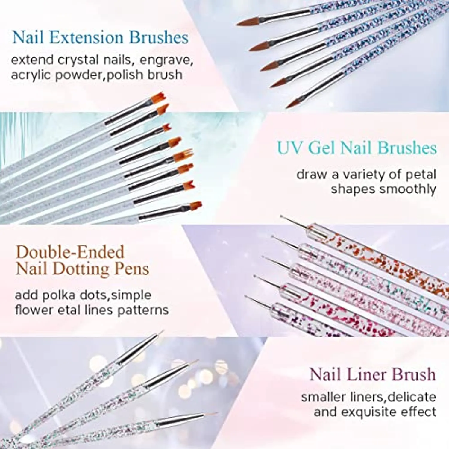 21Pcs Acrylic Nail Brush Set - UV Gel Nail Art Brushes - 3D Nail Liner Extension Brushes Flower Drawing Brush Double Ended Dotting Nail Art Polish Pen for DIY Nail Salon Nail Art Design Tool