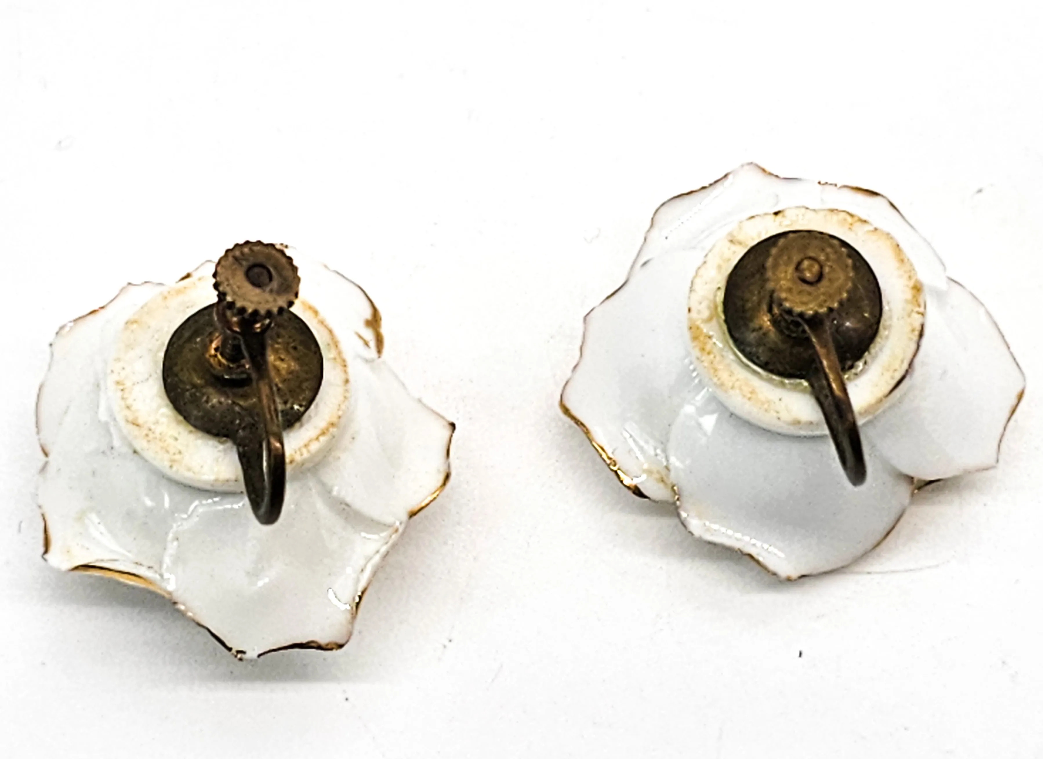 24kt gold rimmed antique white china rose screw back earrings