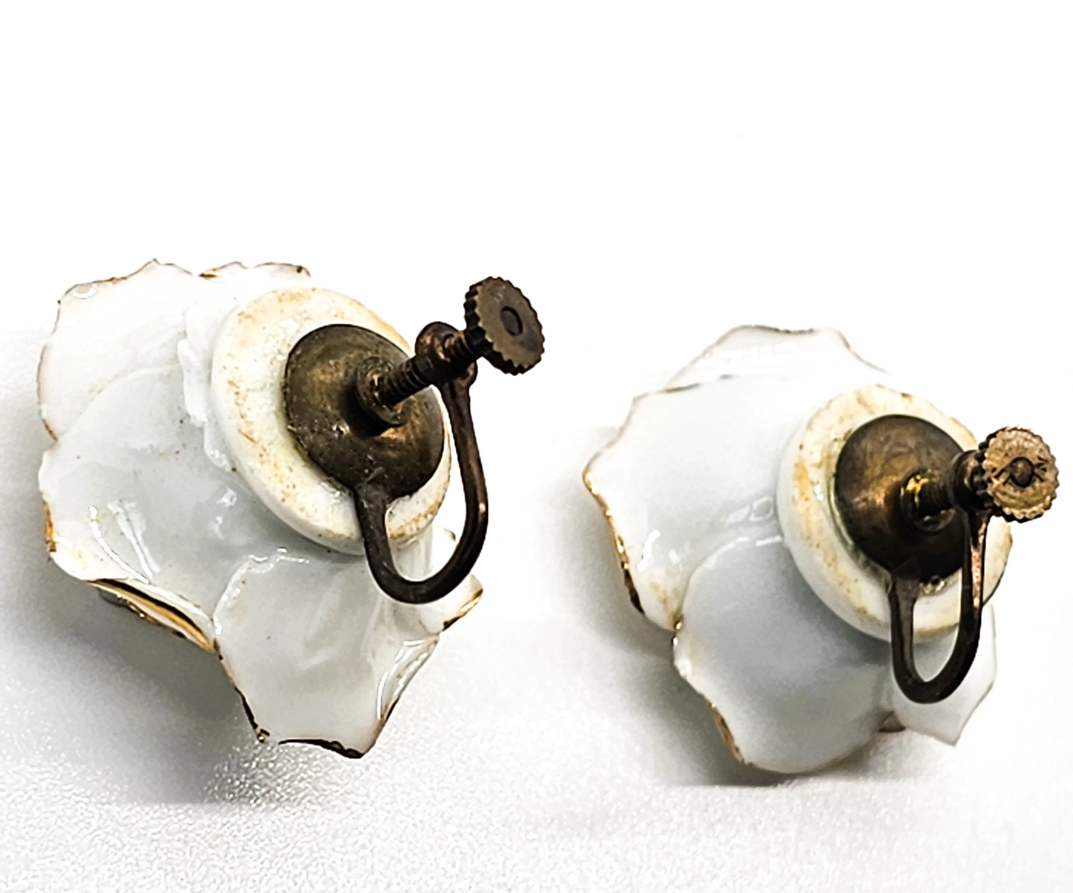 24kt gold rimmed antique white china rose screw back earrings