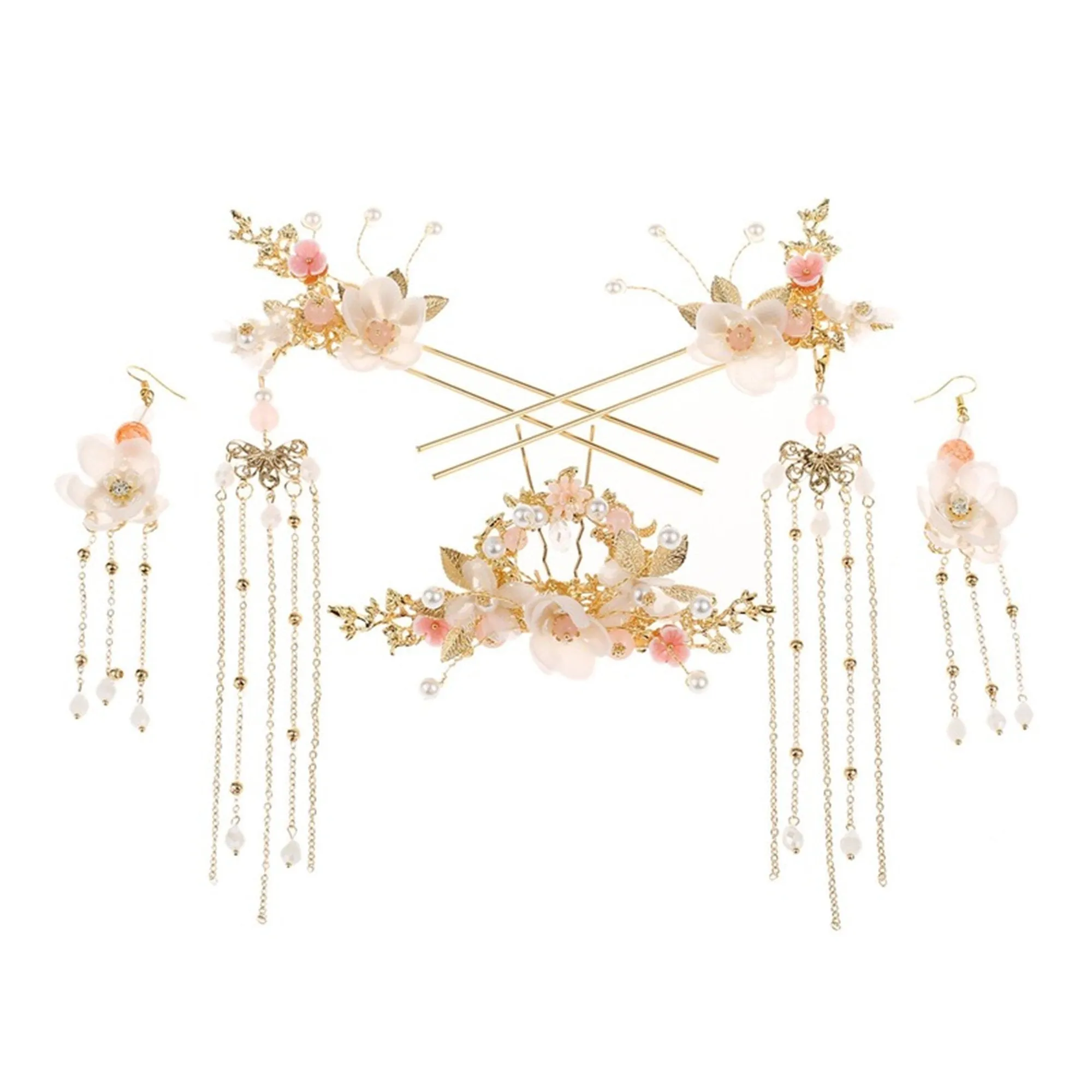 3PCS Hair Accessories for Women Hair Comb Floret Hanfu Stepping Tassel Hair Stick Chinese Style Bride Tiaras and Crowns
