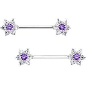 9/16 Purple CZ Gem Shimmering Flower Petal Barbell Nipple Ring Set