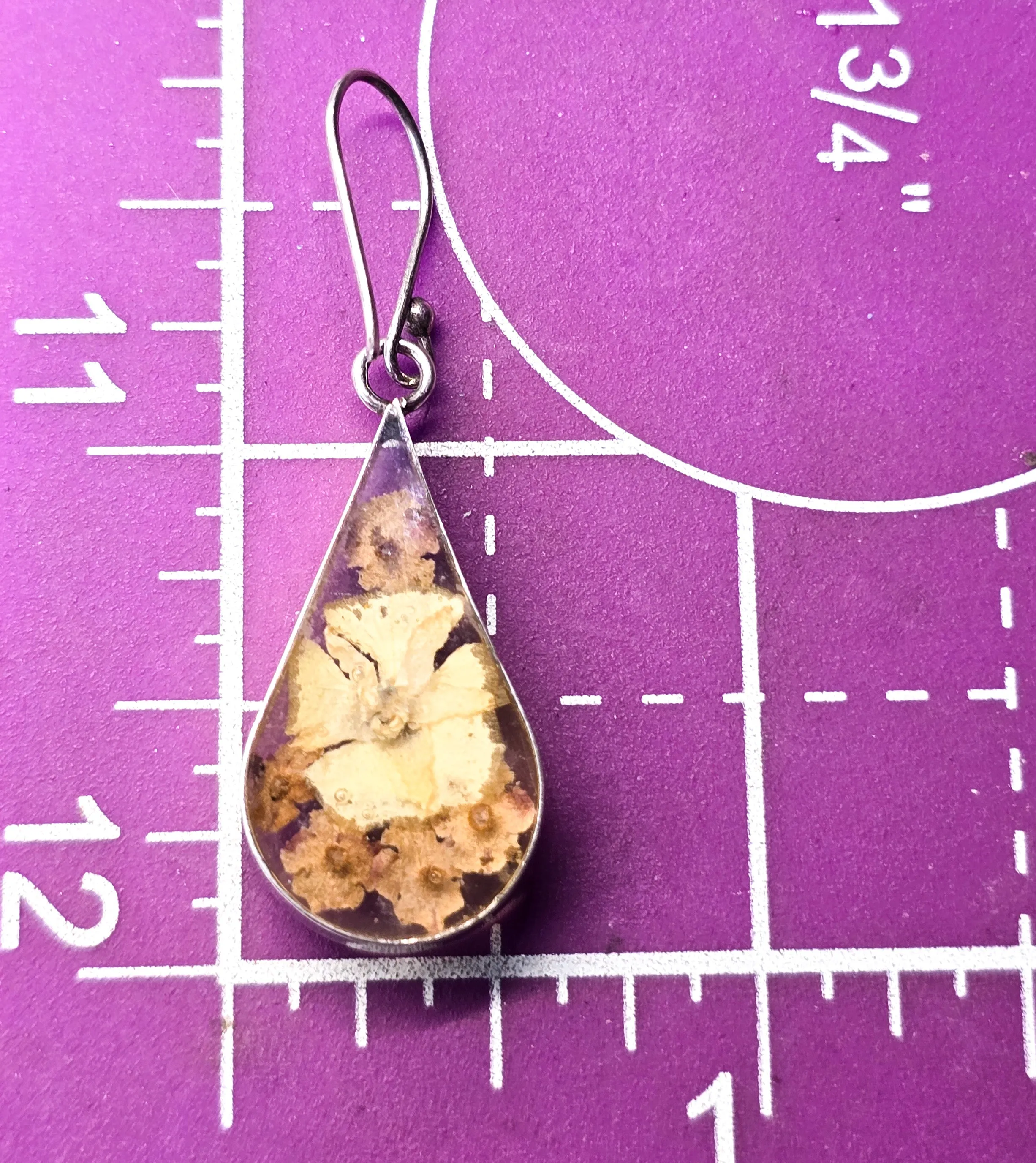 Annika Witt ATI dried flowers acrylic signed sterling silver Mexico drop earrings