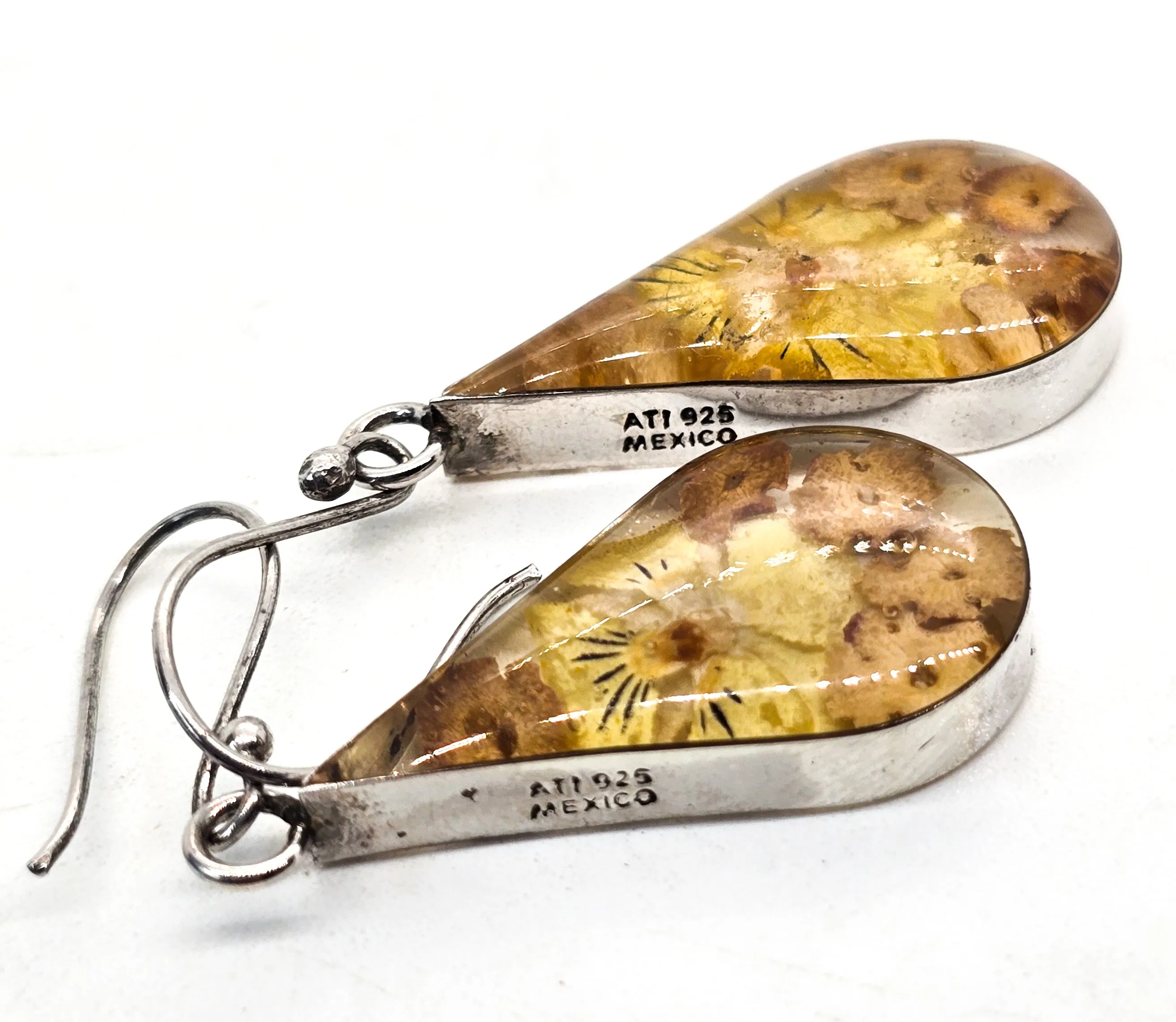 Annika Witt ATI dried flowers acrylic signed sterling silver Mexico drop earrings
