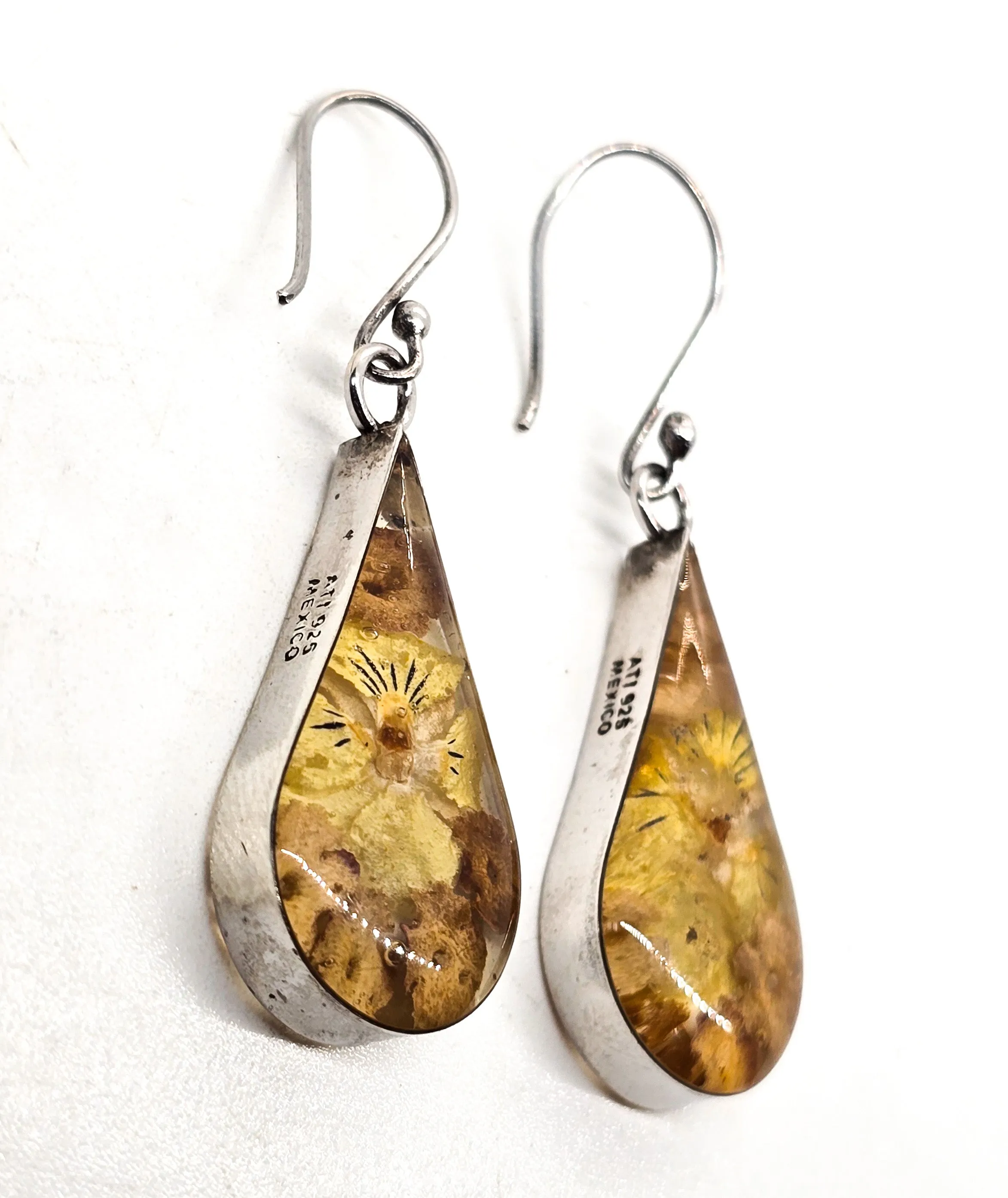 Annika Witt ATI dried flowers acrylic signed sterling silver Mexico drop earrings