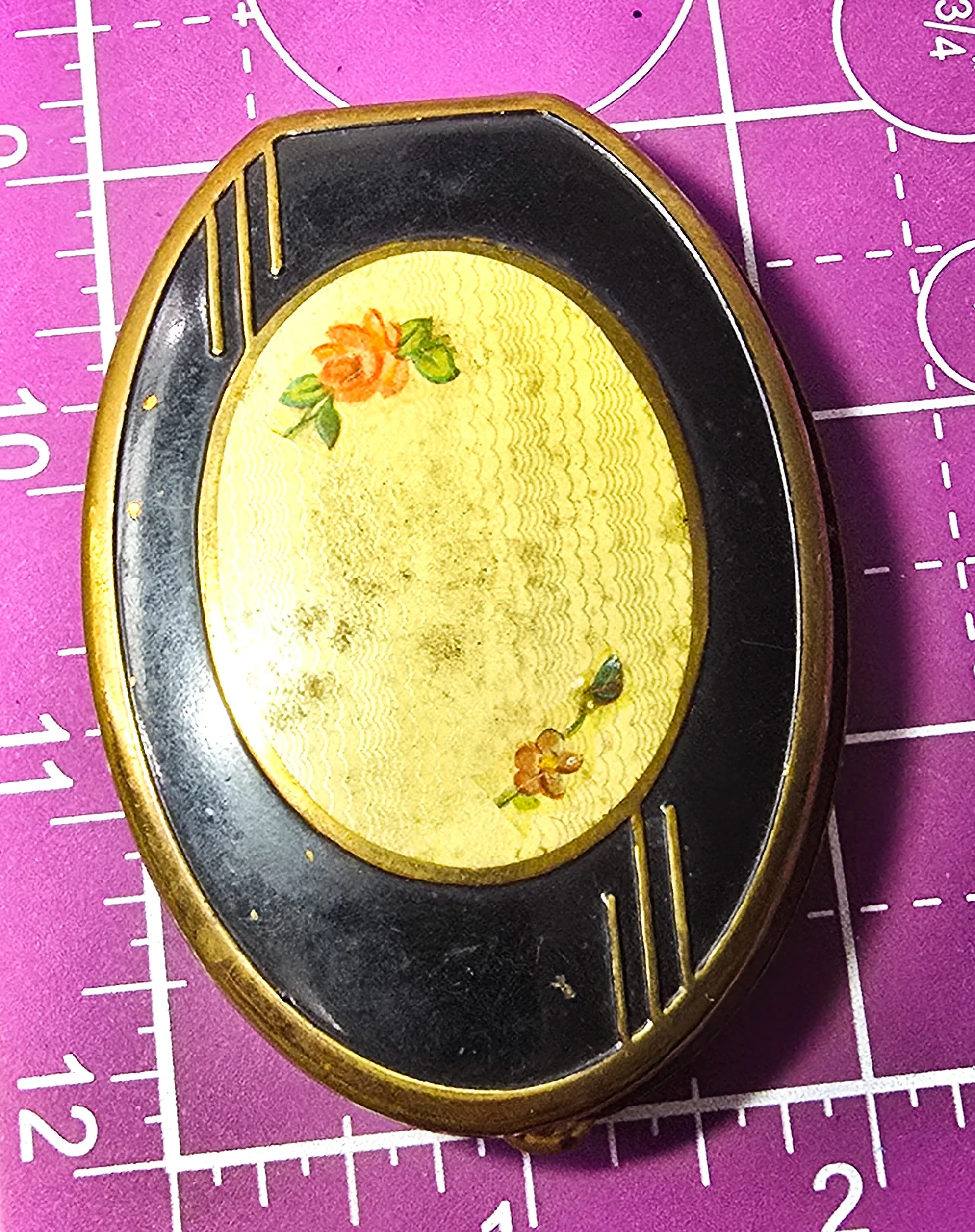 Antique Mid century retro pin up rose oval compact purse mirror