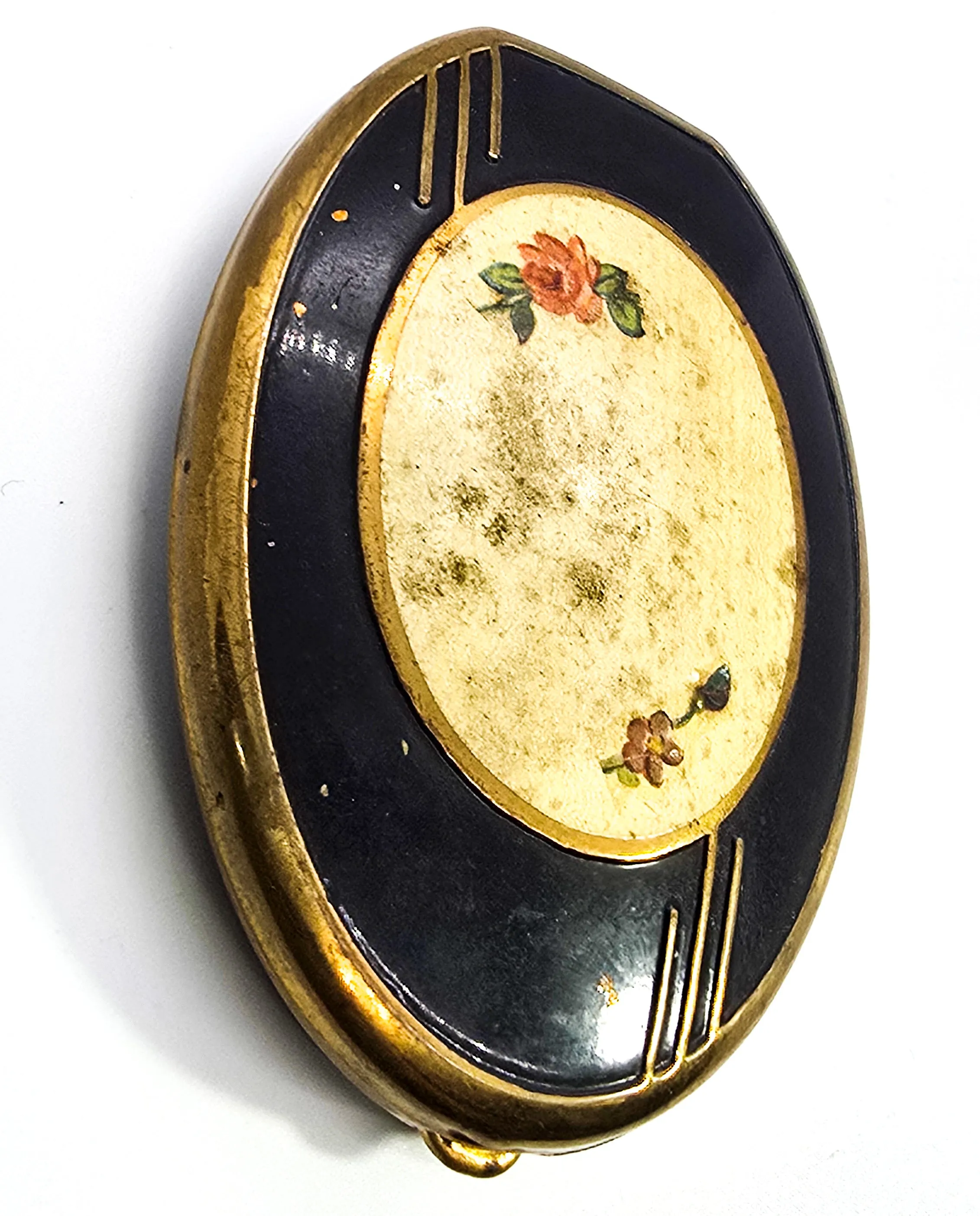 Antique Mid century retro pin up rose oval compact purse mirror