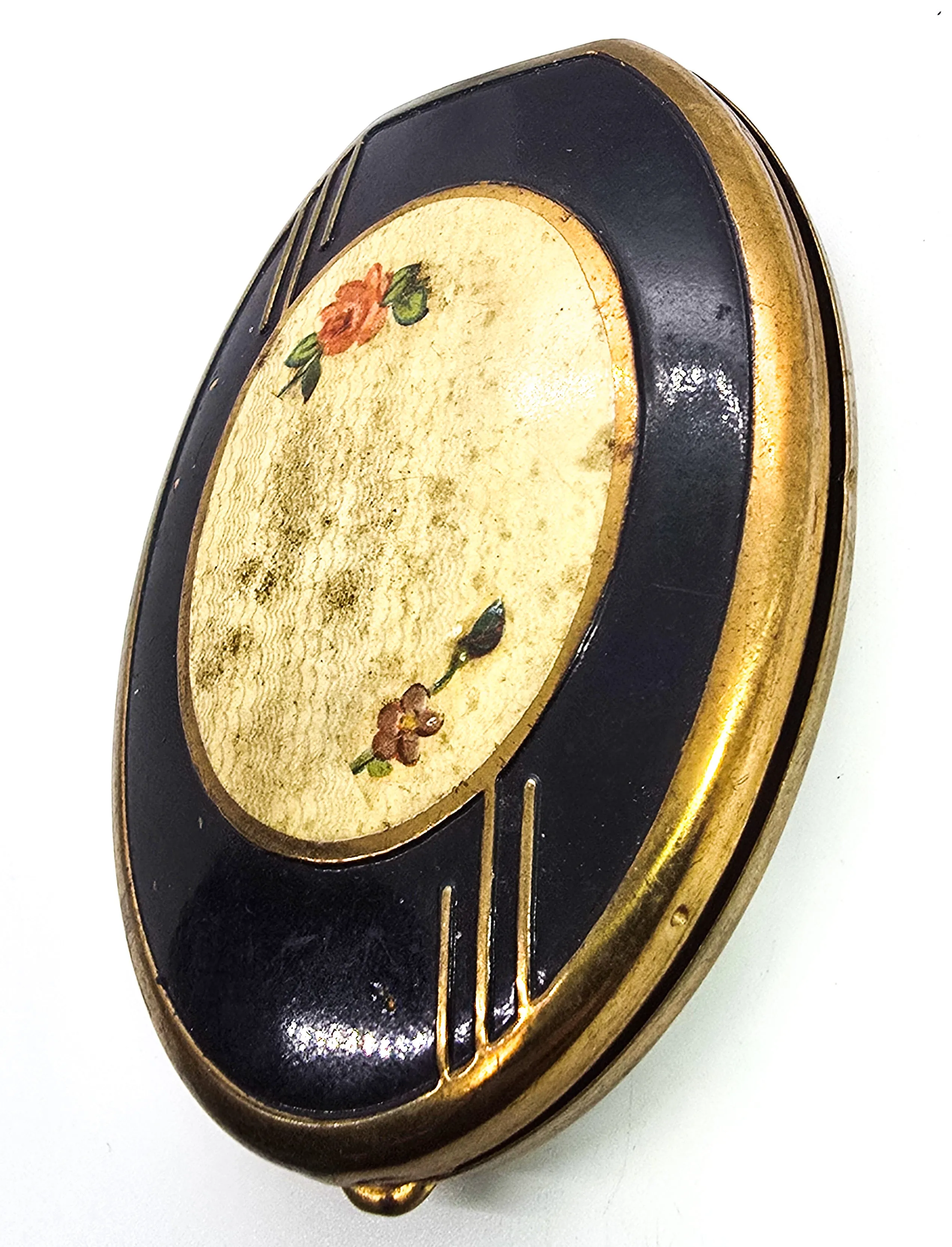 Antique Mid century retro pin up rose oval compact purse mirror