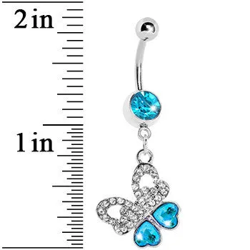 Aqua Gem Paved Heart Wing Butterfly Belly Ring