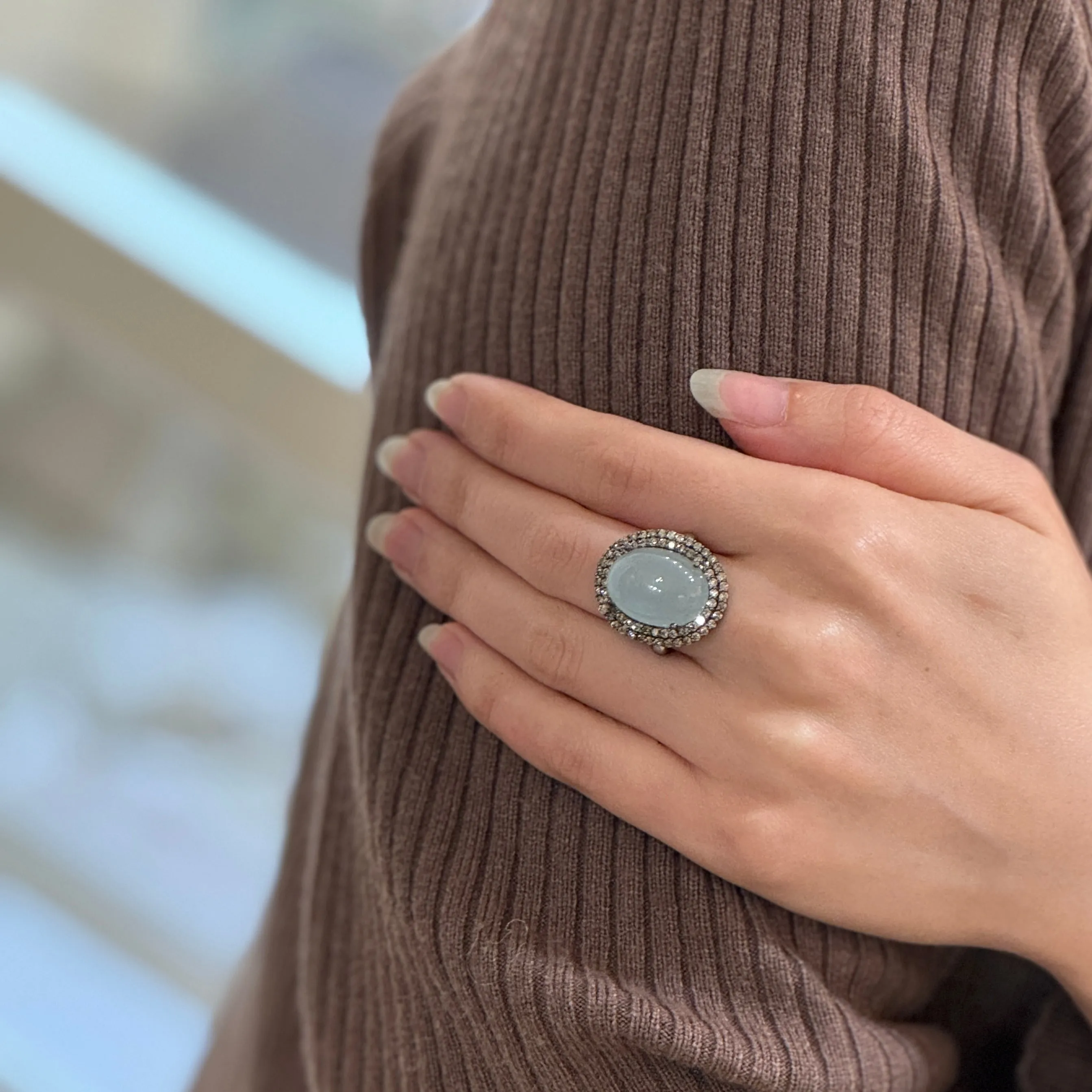 Aqua statement pave diamond silver ring