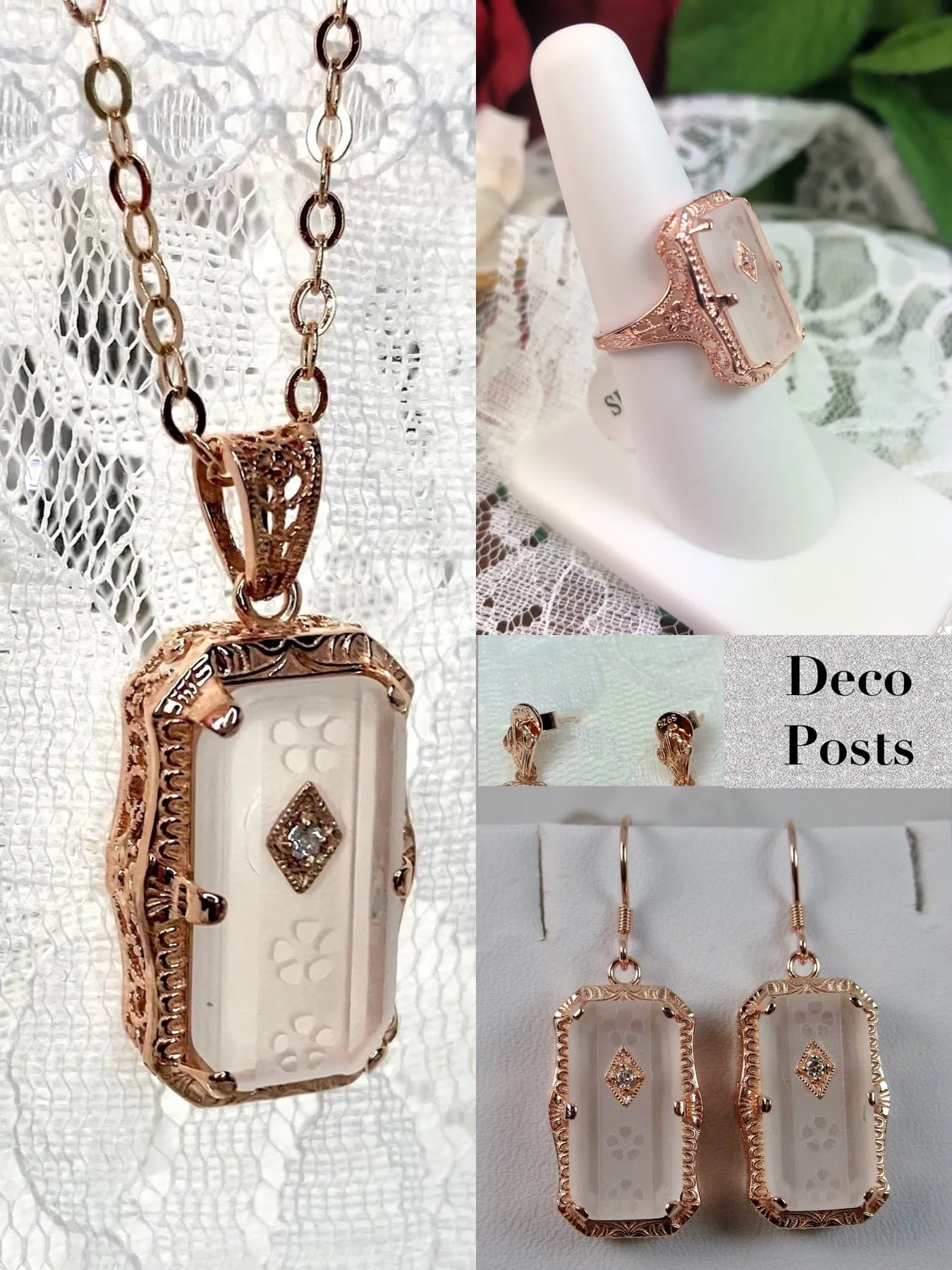 Art Deco Jewelry Set, Rose Gold over Sterling Silver, 1915's Era Vintage Style Jewelry #S232