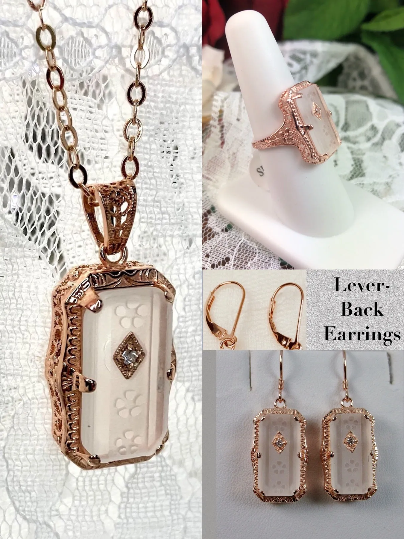 Art Deco Jewelry Set, Rose Gold over Sterling Silver, 1915's Era Vintage Style Jewelry #S232