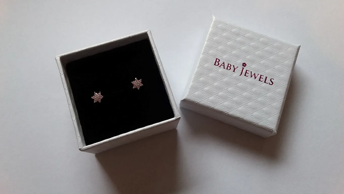 Baby and Children's Earrings:  14k Gold, AAA White and Lavender CZ Flowers with Screw Backs with Gift Box