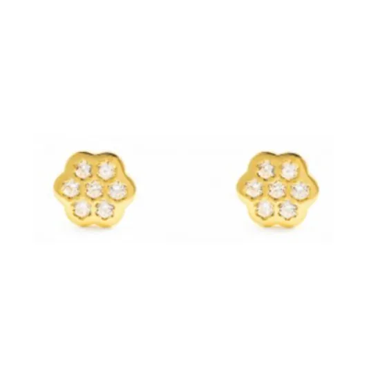 Baby Earrings:  9k Gold Clustered CZ Flower Earrings with Screw Backs and Gift Box