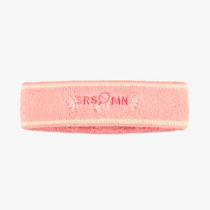 Bandeau sport rose en ratine extensible, enfant || Pink sport headband in stretch terry cloth with embroidery, child