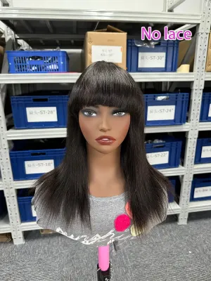 Bangs Wig No Lace Straight Malaysian Hair 100% Real Human Hair Neat Silky No Lace Nature Color 1B