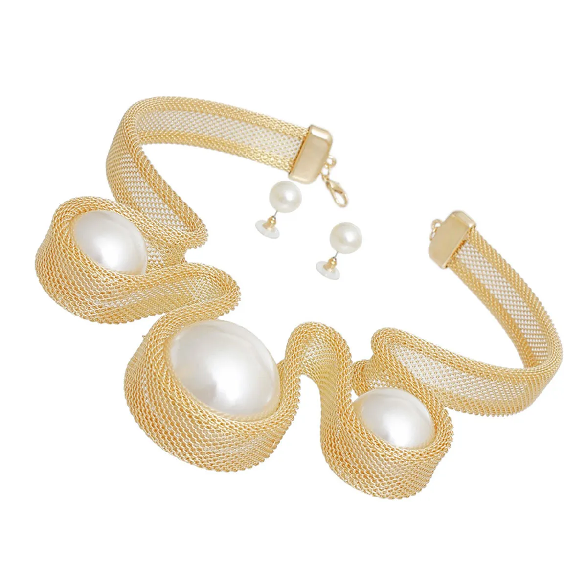 Bib Gold Rigid Mesh Pearl Necklace