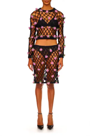 Black Hand Crochet Mini Skirt With Pink Flowers