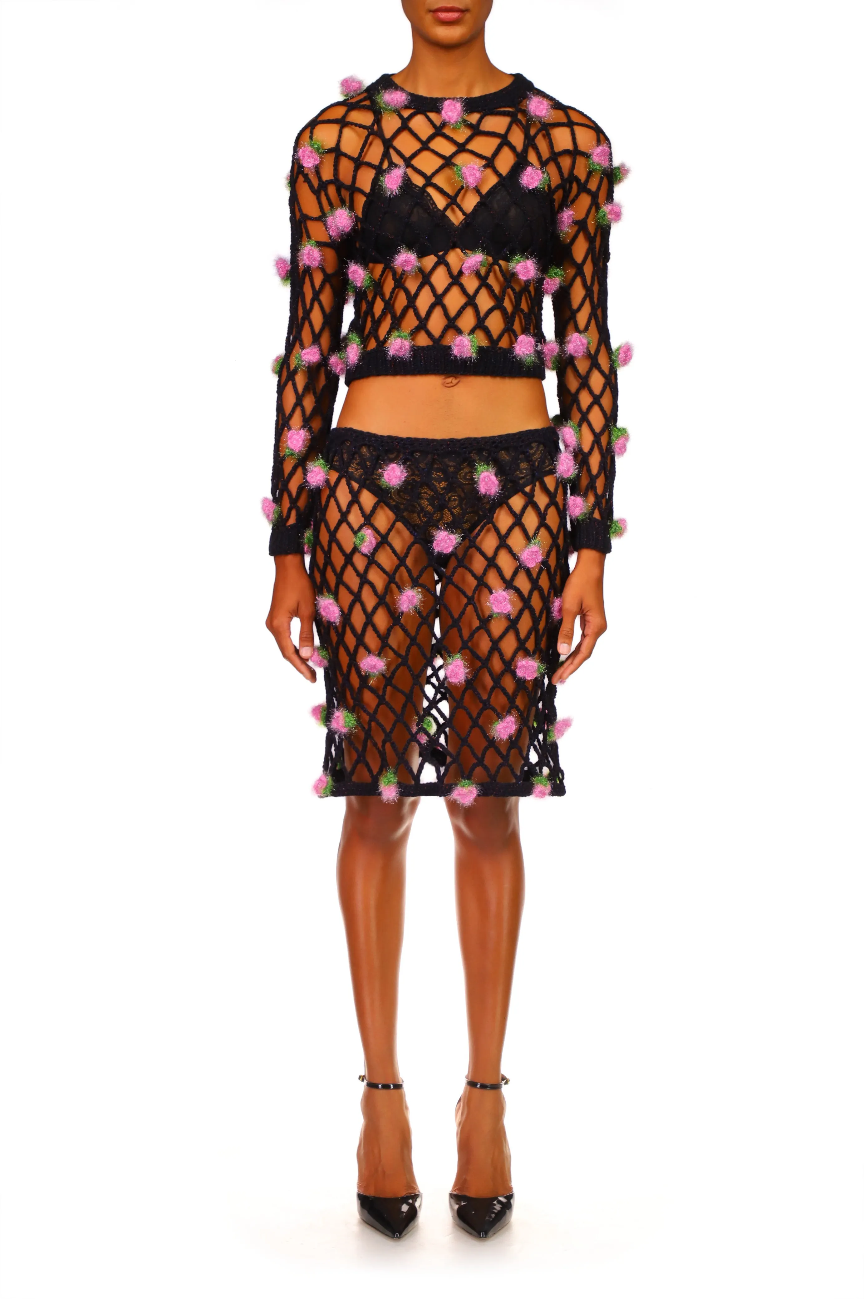 Black Hand Crochet Mini Skirt With Pink Flowers