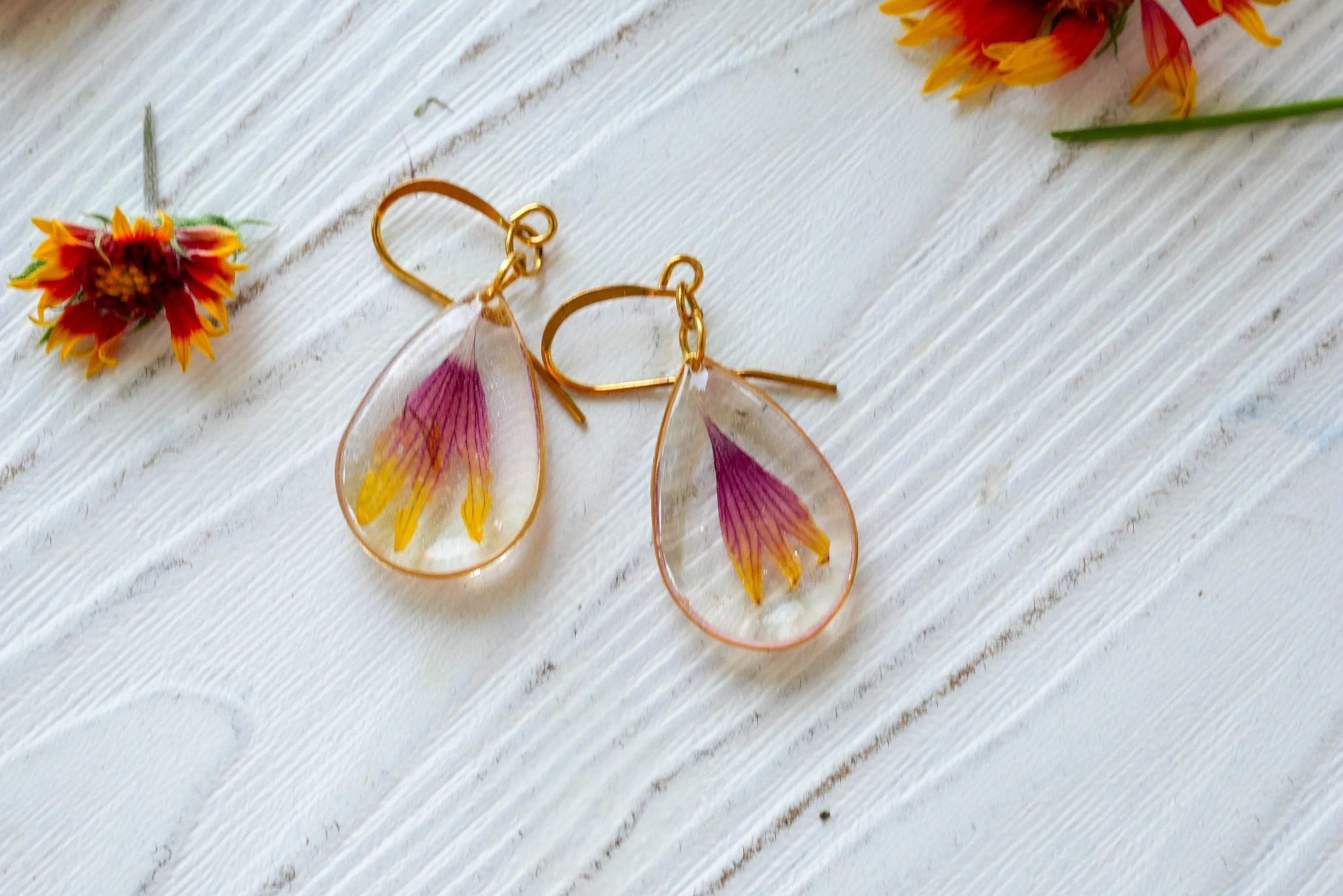 Blanket flower earrings, Indian blanket flower petal earrings, pressed gaillardia earrings