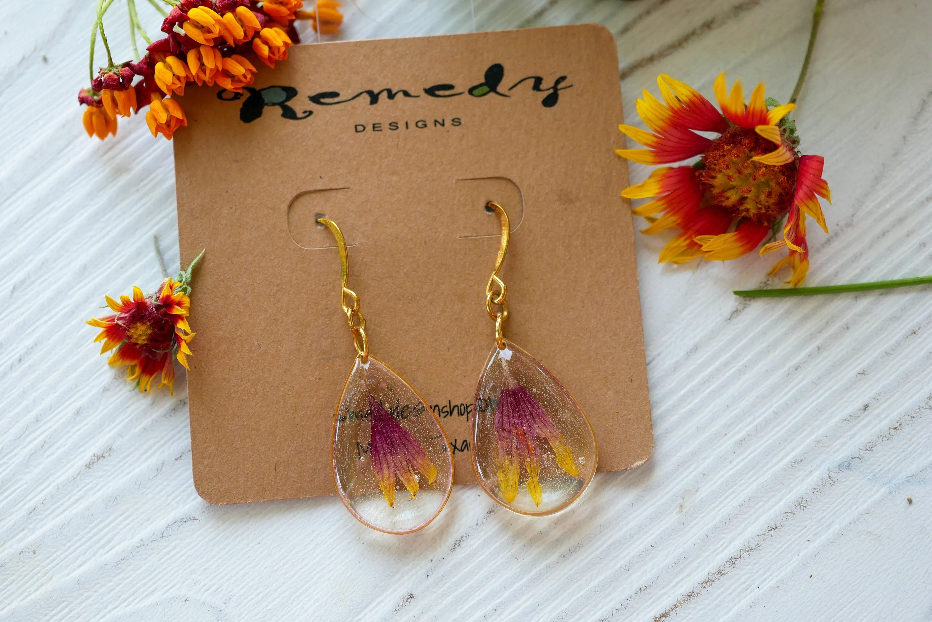 Blanket flower earrings, Indian blanket flower petal earrings, pressed gaillardia earrings