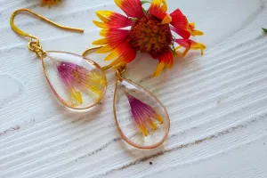 Blanket flower earrings, Indian blanket flower petal earrings, pressed gaillardia earrings
