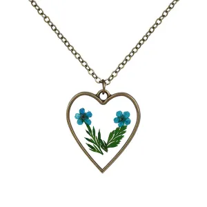 Blue & 18K Gold-Plated Pressed Flower Heart Pendant Necklace