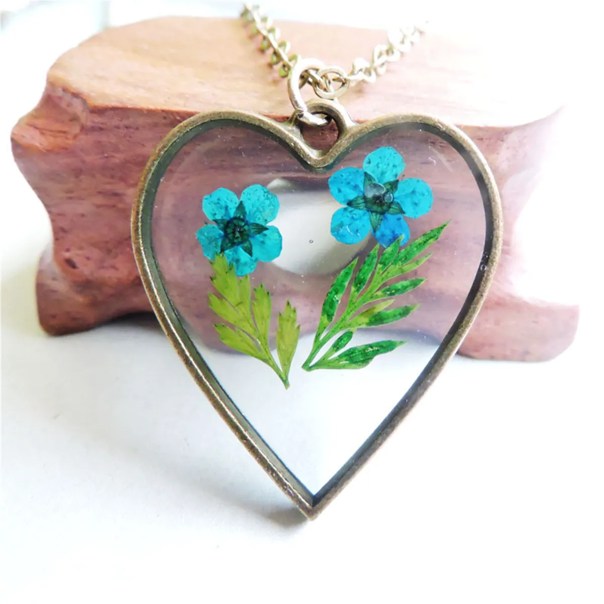 Blue & 18K Gold-Plated Pressed Flower Heart Pendant Necklace