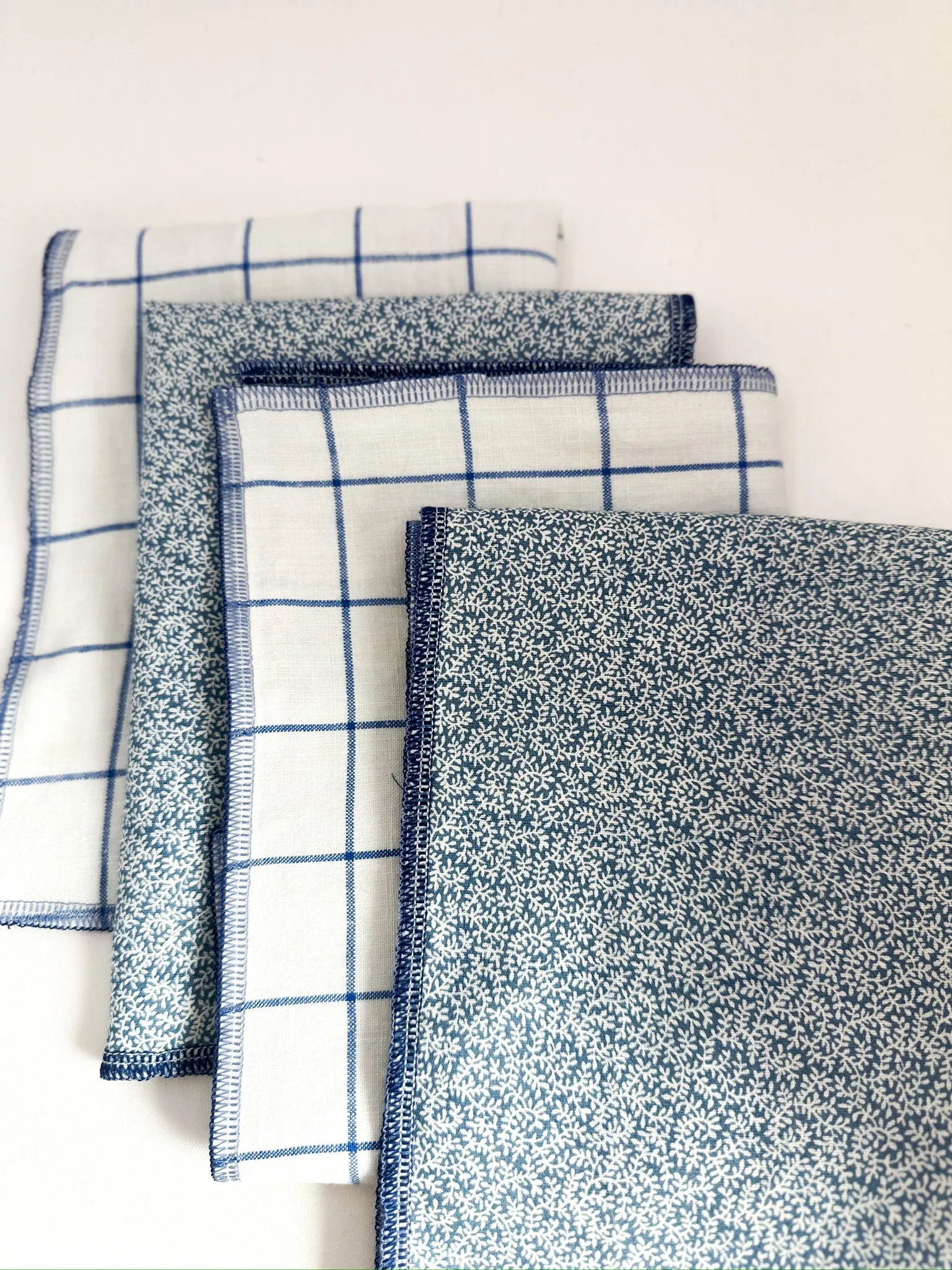 Blue and White Check and Dainty Vines Reversible Napkins
