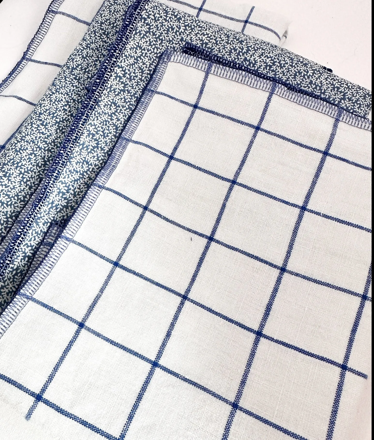 Blue and White Check and Dainty Vines Reversible Napkins