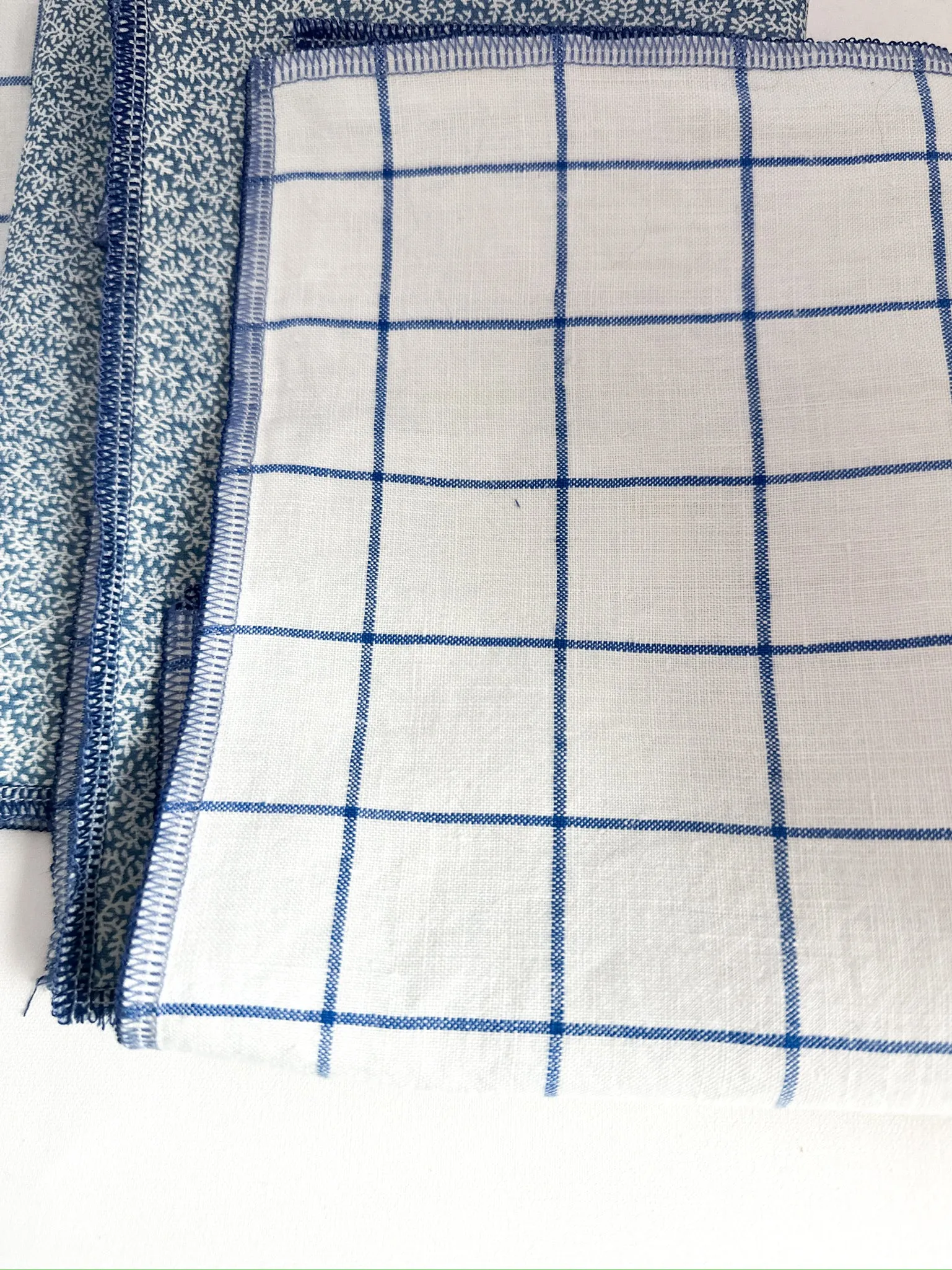 Blue and White Check and Dainty Vines Reversible Napkins