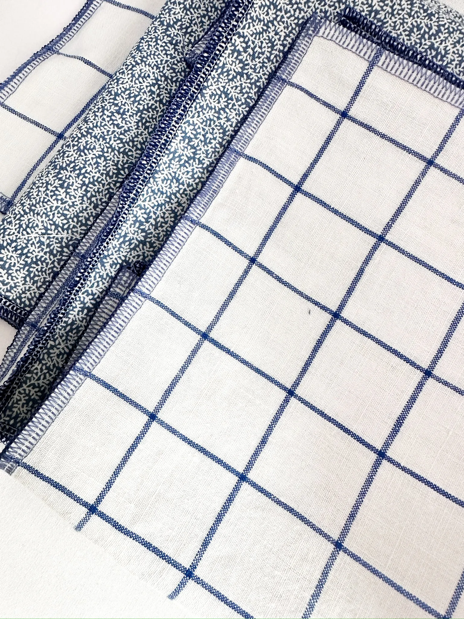 Blue and White Check and Dainty Vines Reversible Napkins
