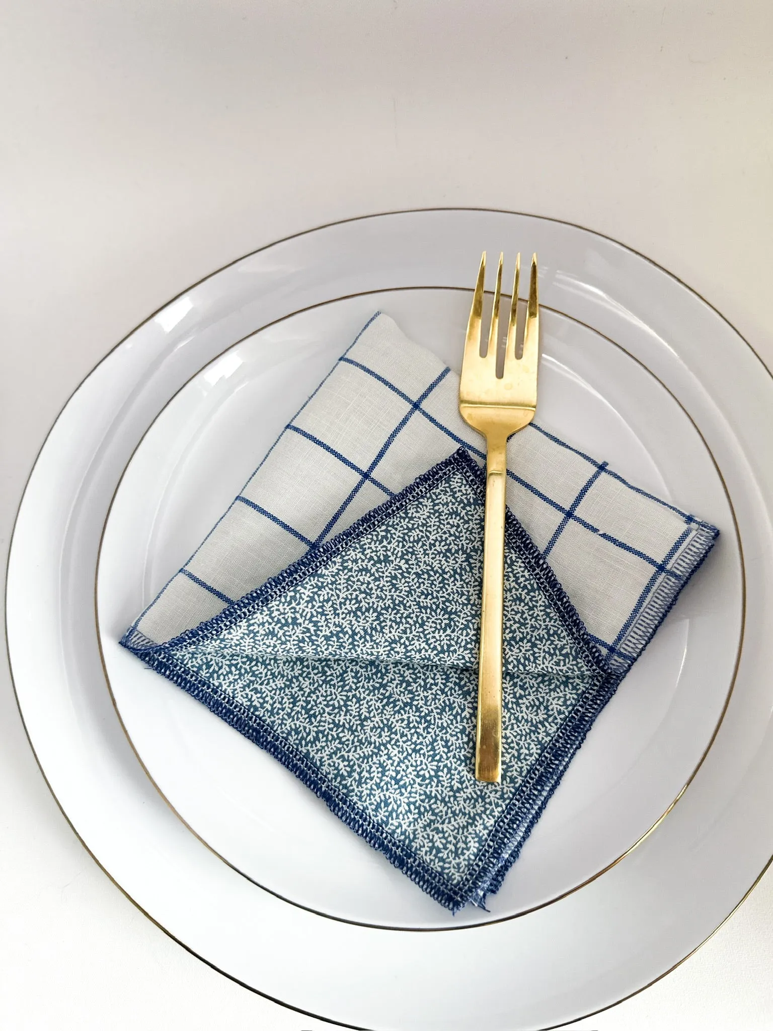 Blue and White Check and Dainty Vines Reversible Napkins